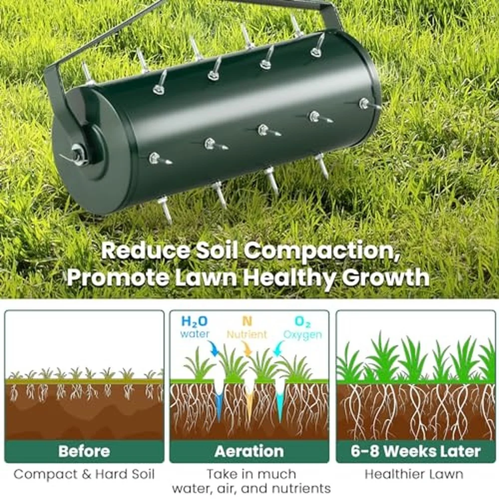 Manual Lawn Aerator Roller 45cm/53cm with Sand Filled Drum & 130cm Detachable Handle Perfect for Backyard Grass