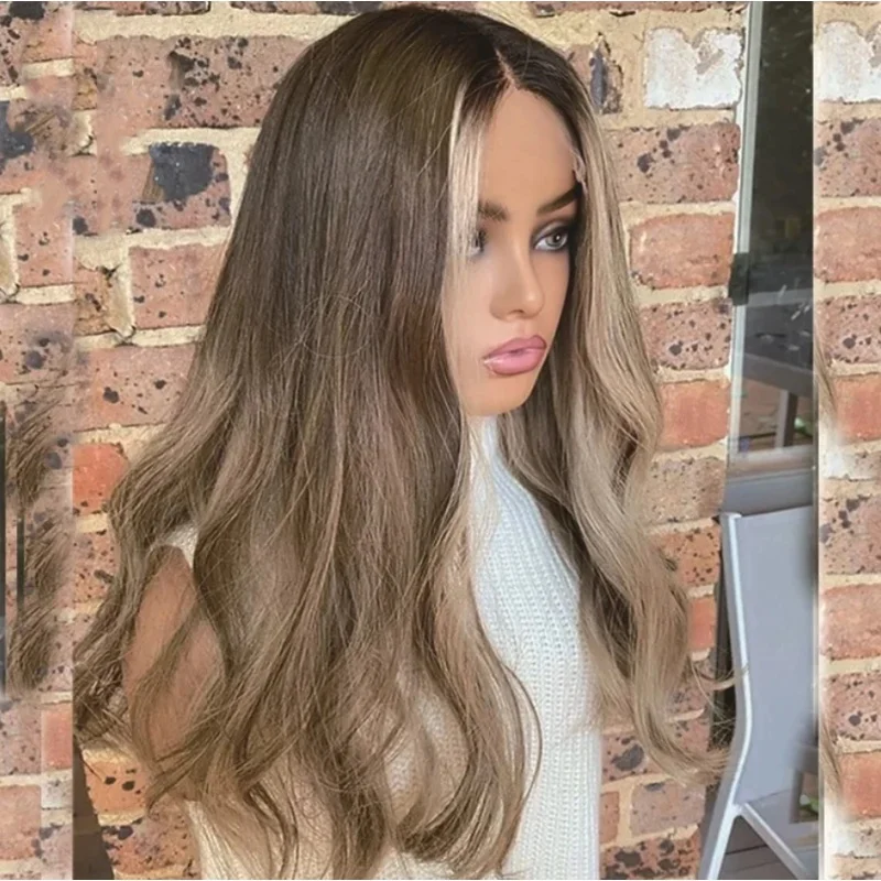 Heat Resistant Synthetic Wig Ash Brown Mix Blonde Wig Long Body Wave Wigs for Women Dark Roots Lace Front Wig Daily Party Wig