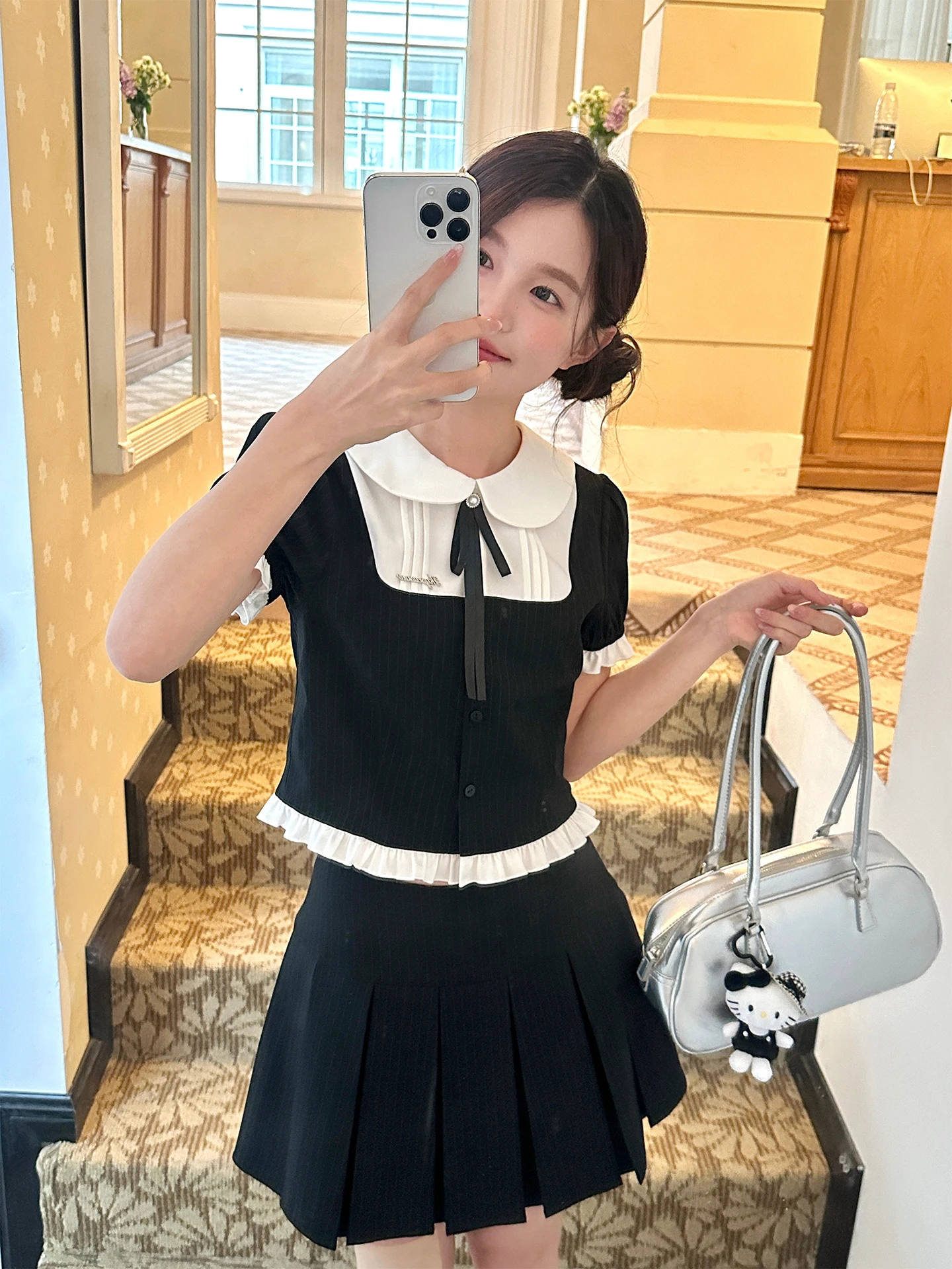 

Tokyo Seasonal Record JK Summer New Color Collision Doll Collar Short Sleeve Shirt Women Small Size Anti Aging Pleated Skirt Set