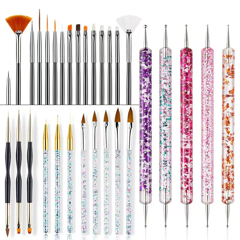 6/31Pcs Nail Art Brush Design Tip Painting Drawing Carving Dotting Pen FlatFan Liner Acrylic Gel UV Polish Nail Art Tools