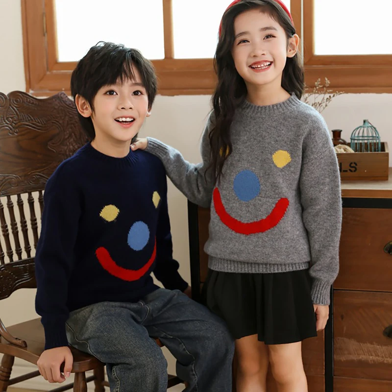 

Boys 100% Wool Sweater Kids thickened wool Pullover Sweater Girls Wool Cute smiley face pattern cashmere Tops Teenager Clothing