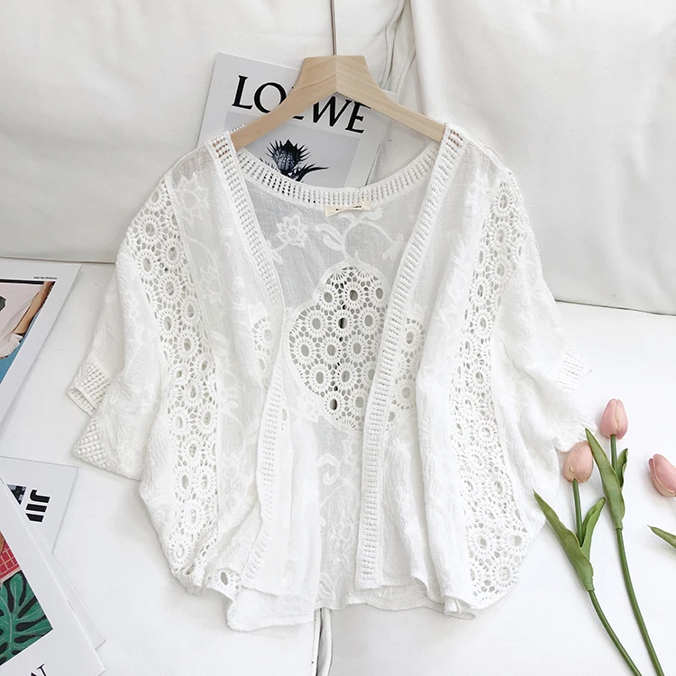 E Cárdigan Corto de Encaje para Mujer, Estilo Vacacional, Protección Solar, Prenda Exterior, Csa de Aire Acondicion...