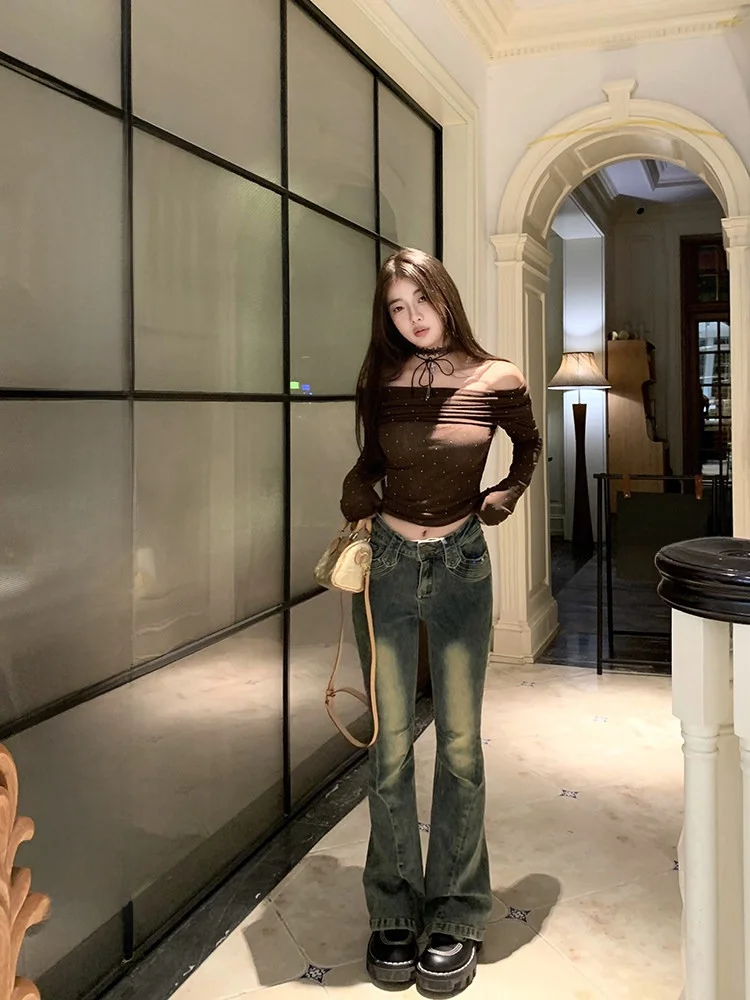 

Джинсовые джинсы-колокольчики с низкой талией, женские винтажные джинсы с талией, хлопковая эластичная ткань, осенний сезон Faion