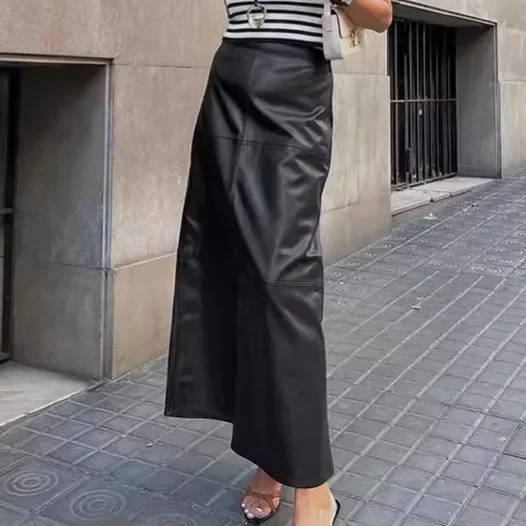 Women's Retro Velvet Leather Long Skirt, Loose Black High Waist Split Skirts, Female All-Match Streetwear, Autumn, Winter, New,