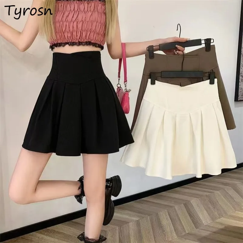 

Mini Skirts Women Folds Simple Sweet Elegant Fashion Korean Style Ladies Preppy Summer Casual Empire Design Classic Cozy Retro