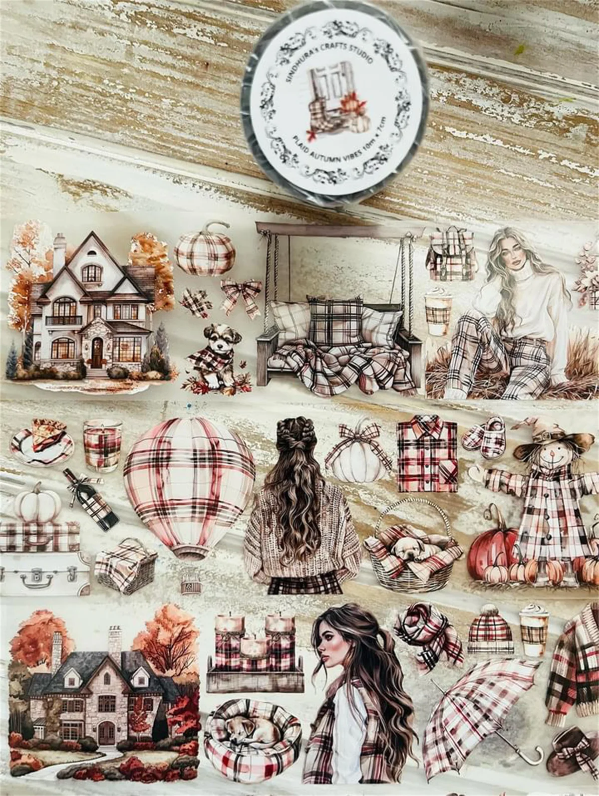 

SCS Studio Vintage Plaid Autumn Vibes Girl Washi PET Tape for Card Making Decoration DIY Scrapbooking Plan Stickers