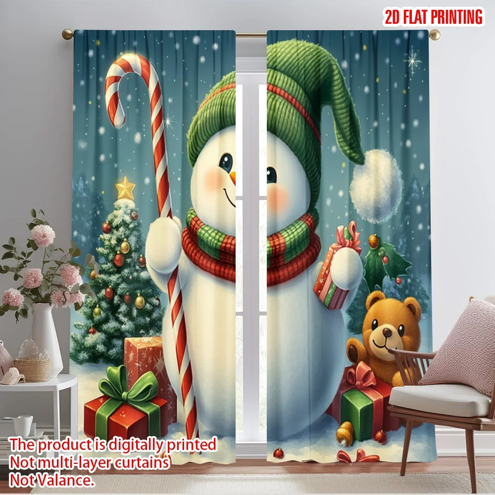 2pcs,2D plane printing Curtain Fabric Cute Snowman Christmas Candy Cane Polyester (without rod) Holiday Use for Living Room &