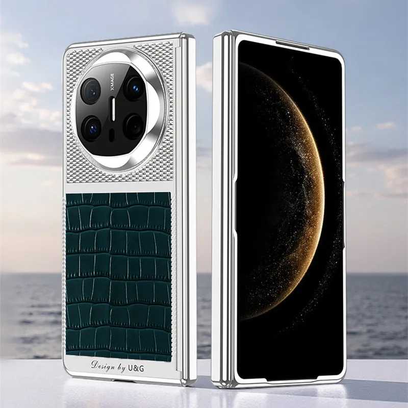 

Глянцевый чехол из натуральной яловой кожи с бриллиантами для Huawei Mate X6 X5 X3, алигатора, живот, зерно, магнитная откидная петля, стеклянная пленка