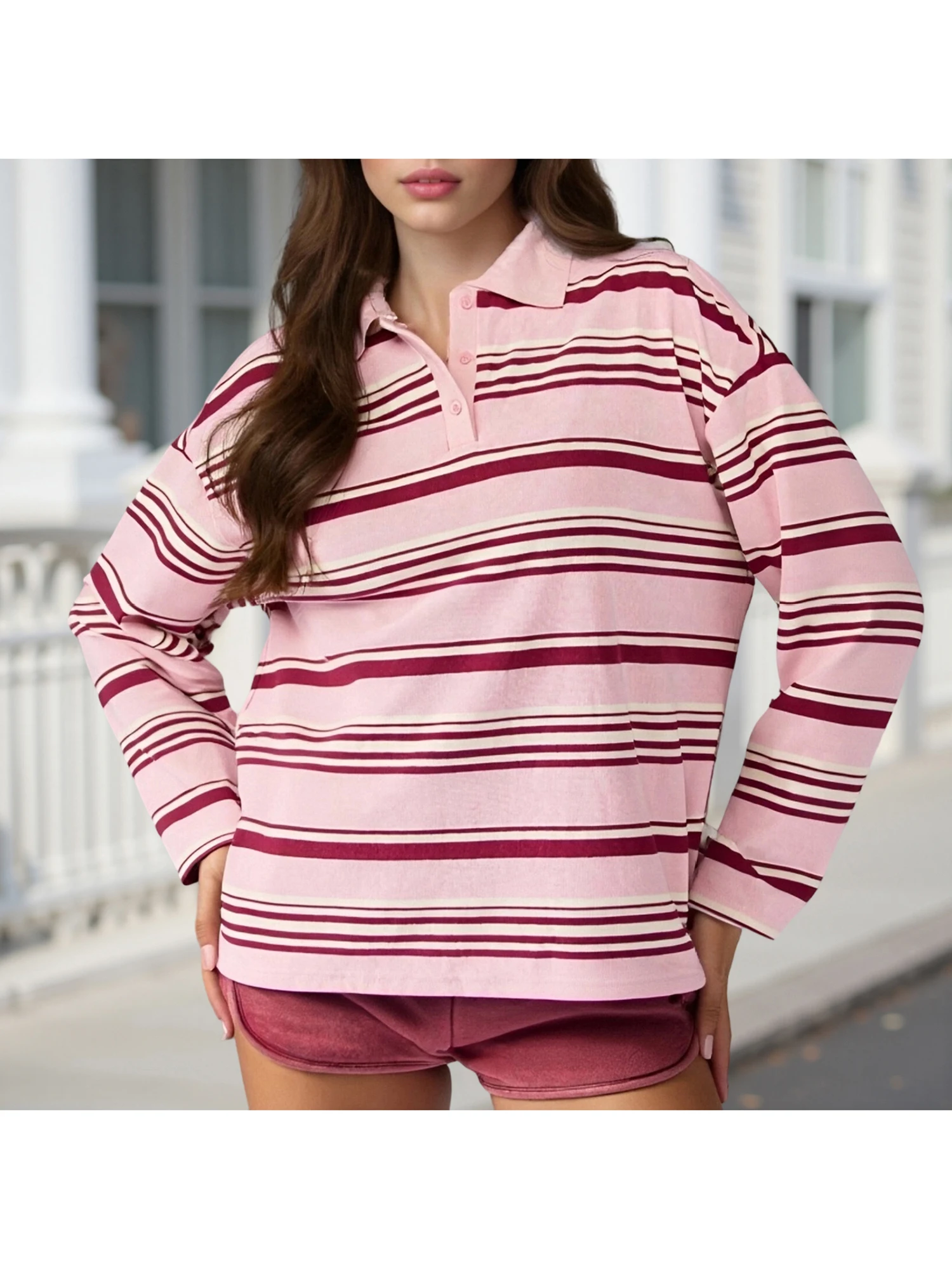 Damska koszulka z długim rękawem w paski z kołnierzykiem, luźny krój, casualowa bluzka na jesień, moda streetwear
