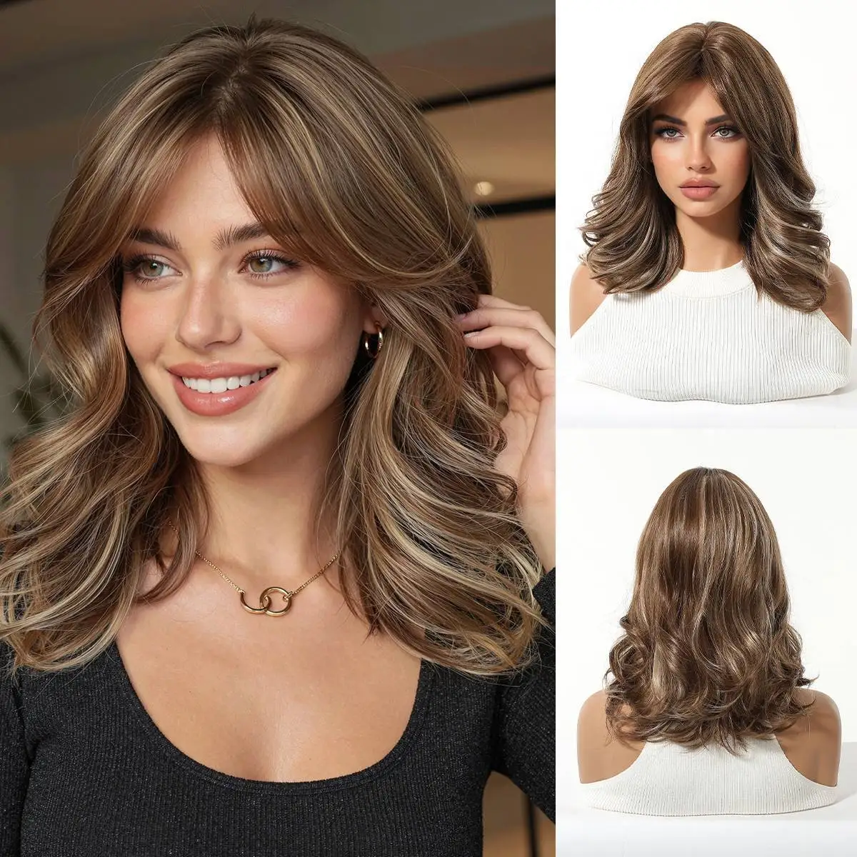 Highlighted Brown Synthetic Wig Center Parting with Bangs Hair Full Wigs For Woman Daily Wear Daily Use Office Party Cosplay