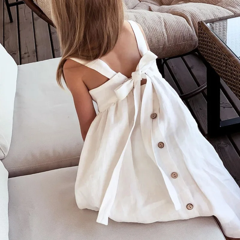 Summer Toddler Girl Dress Linen Girls Dress Sleeveless Backless Boho Sundress with Big Bow Tie Button Down Kids Beach Outfits