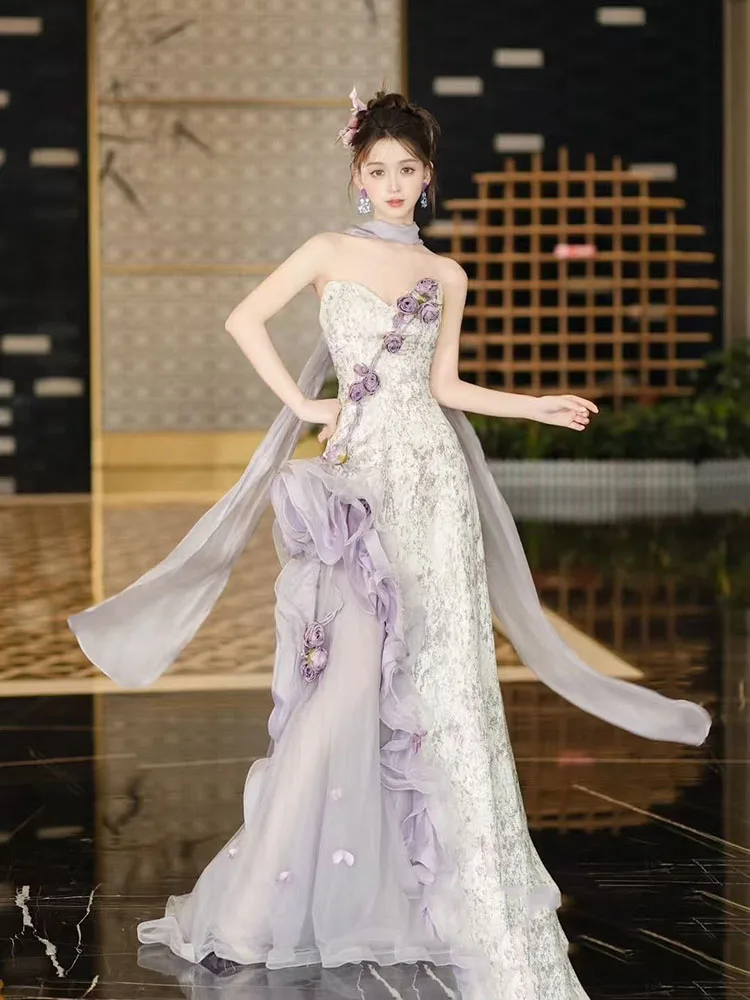 

Purple Evening Gown Women's Engagement Wedding Dr Luxury Sensation Korean Sle Floral Embellied A-Line Skirt Long Dr
