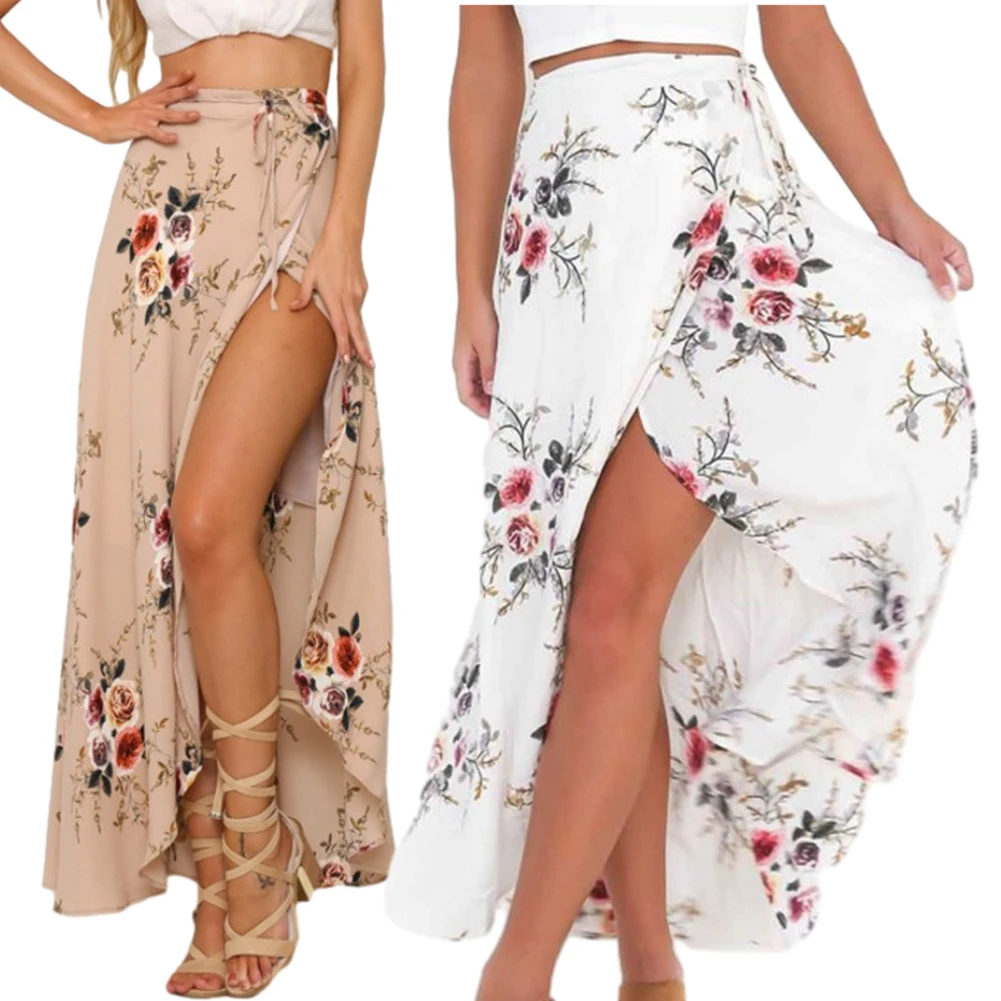 Women Long Skirt With High Slit Casual Boho Beach Summer Maxi Skirt Floral Print High Waisted Maxi Skirts For Women