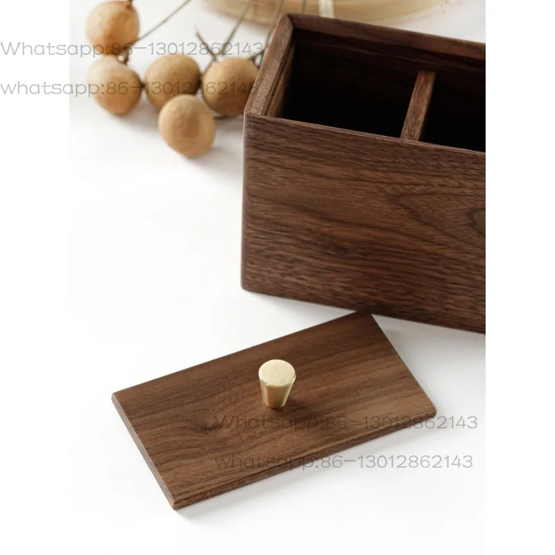 Black walnut solid wood with lid double grid cotton swab dental floss toothpick storage box