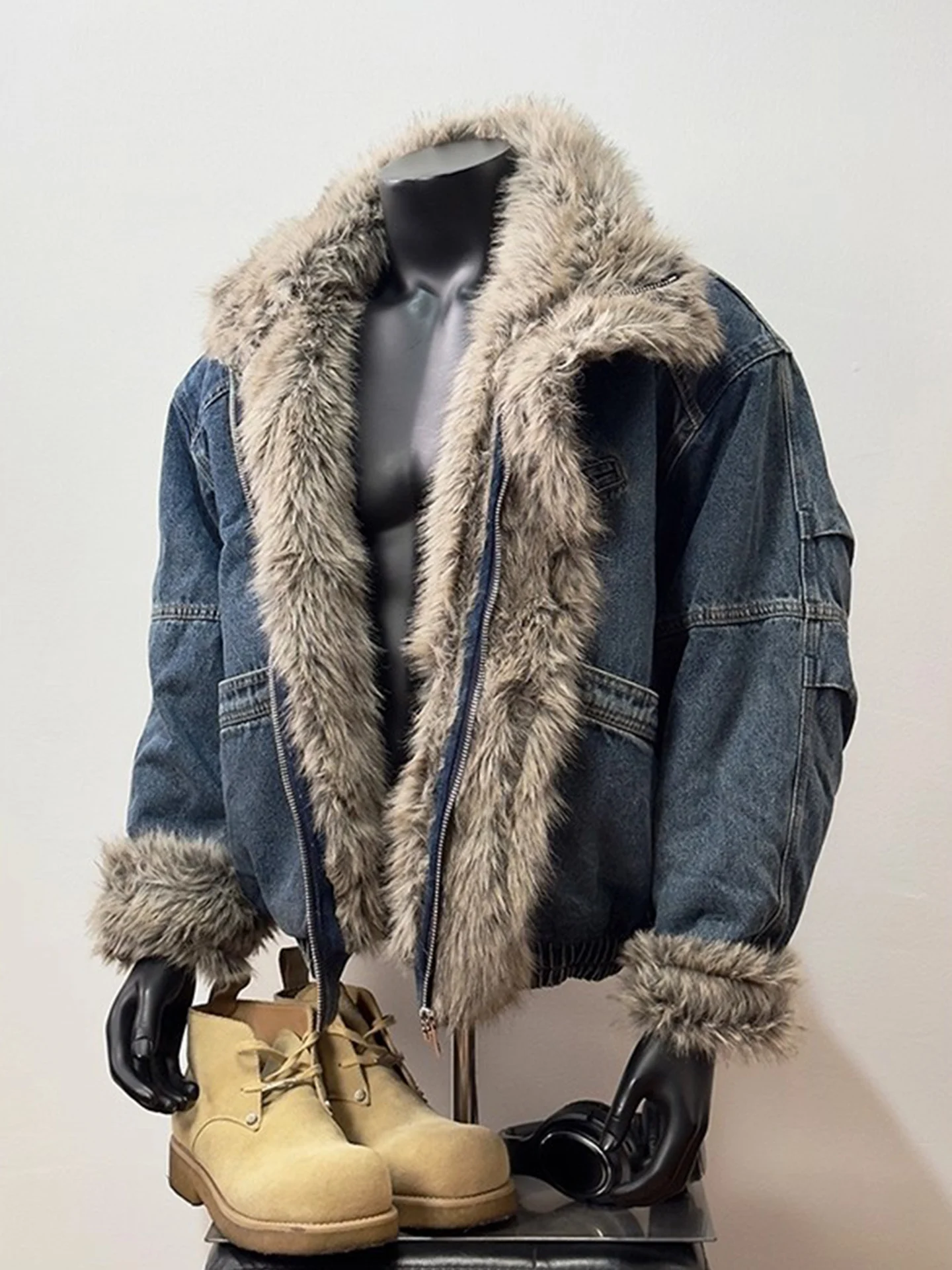 

Blue Vintage Waed Denim Eagle Jaet Men's Winter Thiened Fur Collar ort Flight Jaet Cotton Blend Warmth Youth Faion
