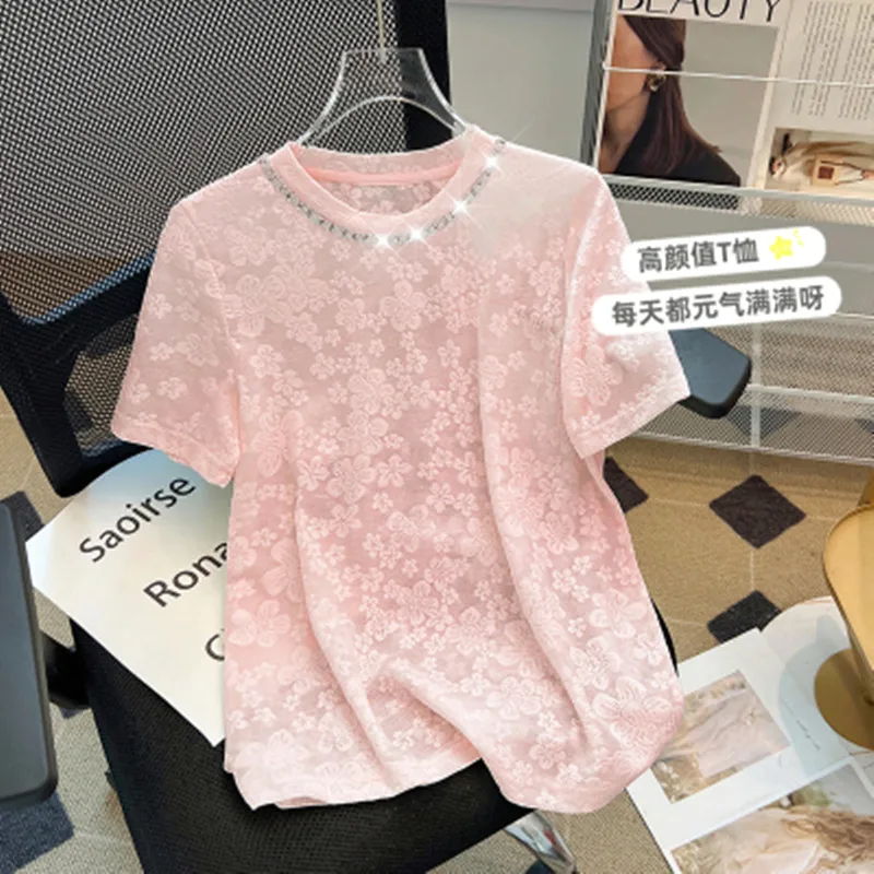 Fashion Diamonds Women\'s Round Neck Flower Jacquard Tee Summer New Short Sleeved Casual T-shirt Female High Street Top