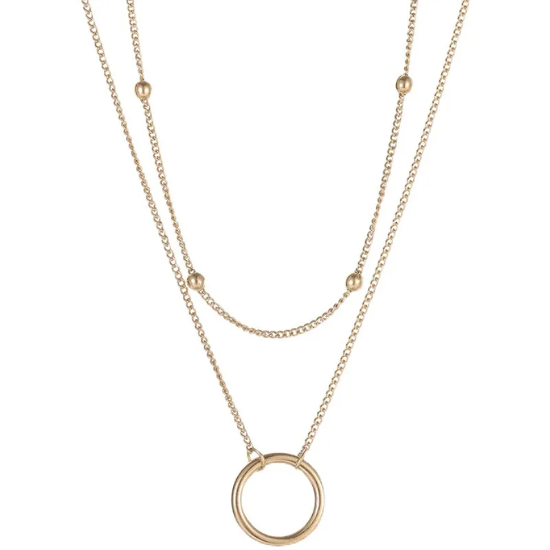OIMG 316L Stainless Steel Gold Plated Double Layered Simple Circle Geometric Pendant Necklace For Women Bohemian Jewelry