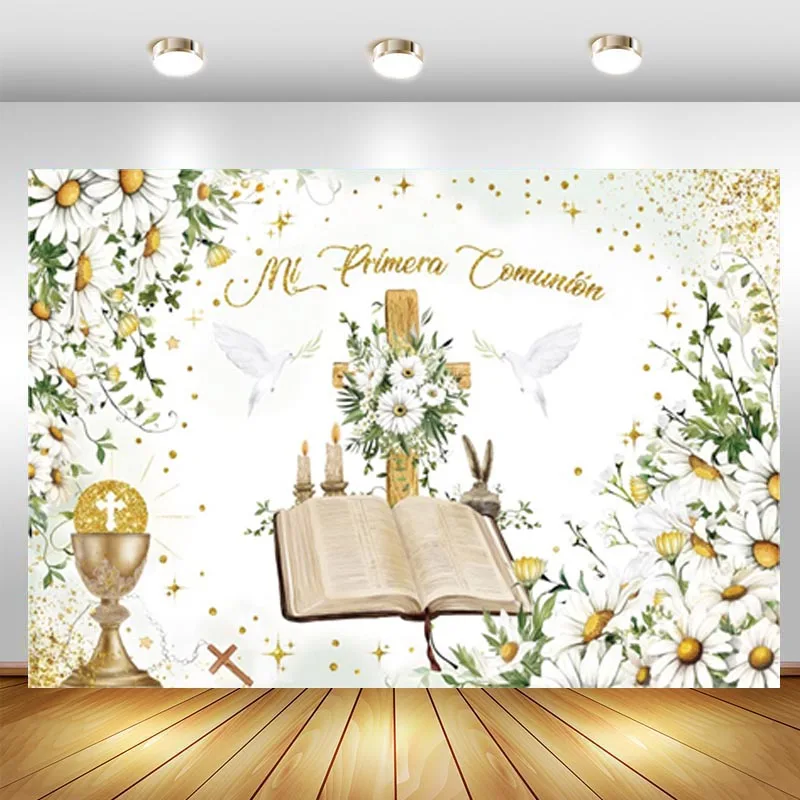 

My First Communion Personalised Backdrop Boy Girl Christening Baptism Decorations Banner Holy Bible Daisy Background Photography