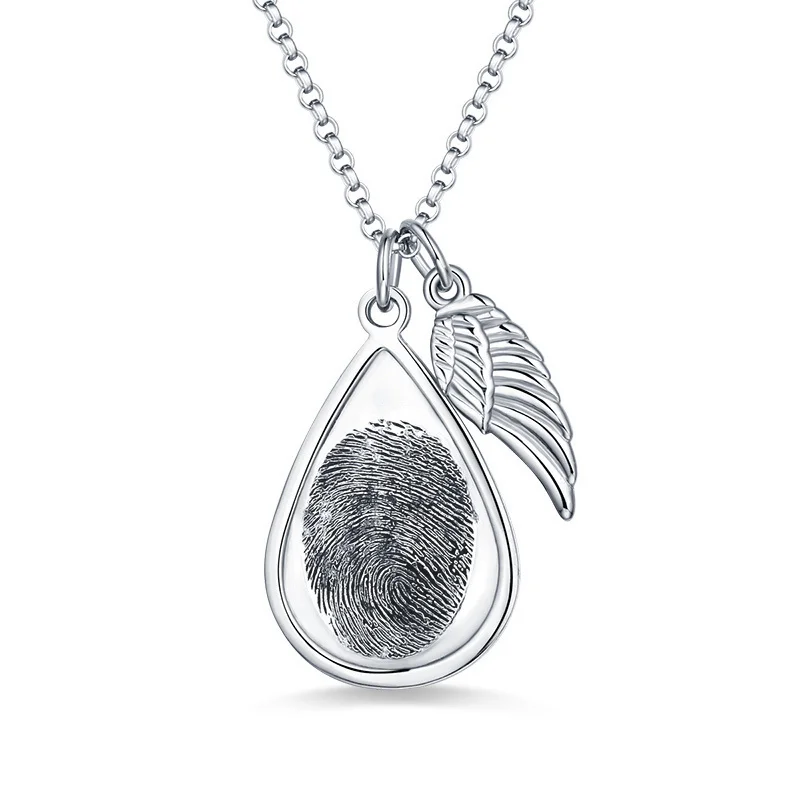 

Strollgirl 925 Sterling Silver Custom Fingerprint Necklace Teardrop with Wing Pendant Chain for Women Anniversary Jewelry Gifts