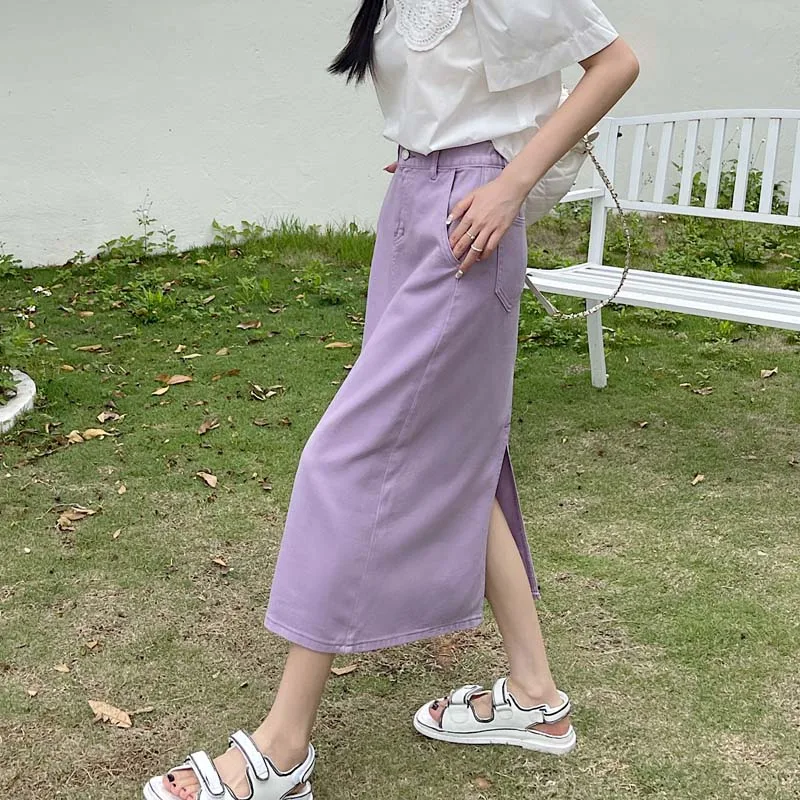 กระโปรงทรงเอเอวสูงผ่าข้างสำหรับสาวพลัสไซส์ ผ้ายีนส์สีขาว เนื้อผ้าฝ้ายแท้ เหมาะสำหรับเดินทางไปทำงาน