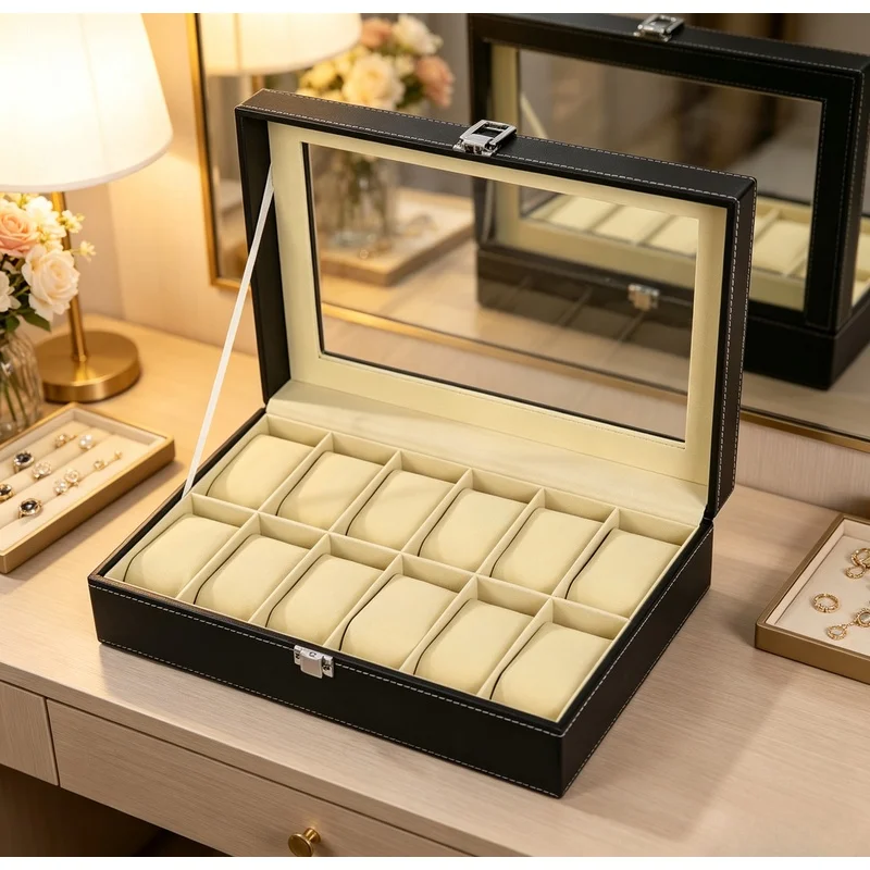 PU Leather Watch Storage Organizer Box, Portable Watch Display Tray, Collector Case for Desktop Countertop and Travel Carrying