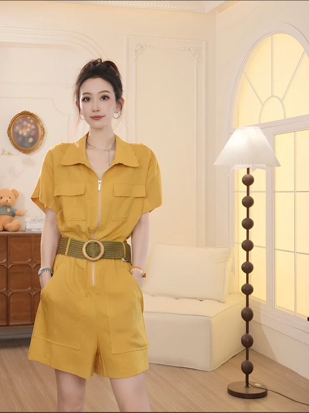 

Basic House Linen Jumpsuit Women's Casual Slimming Summer New Sle Commute mid Waist ort Pants Thin Model B085B572