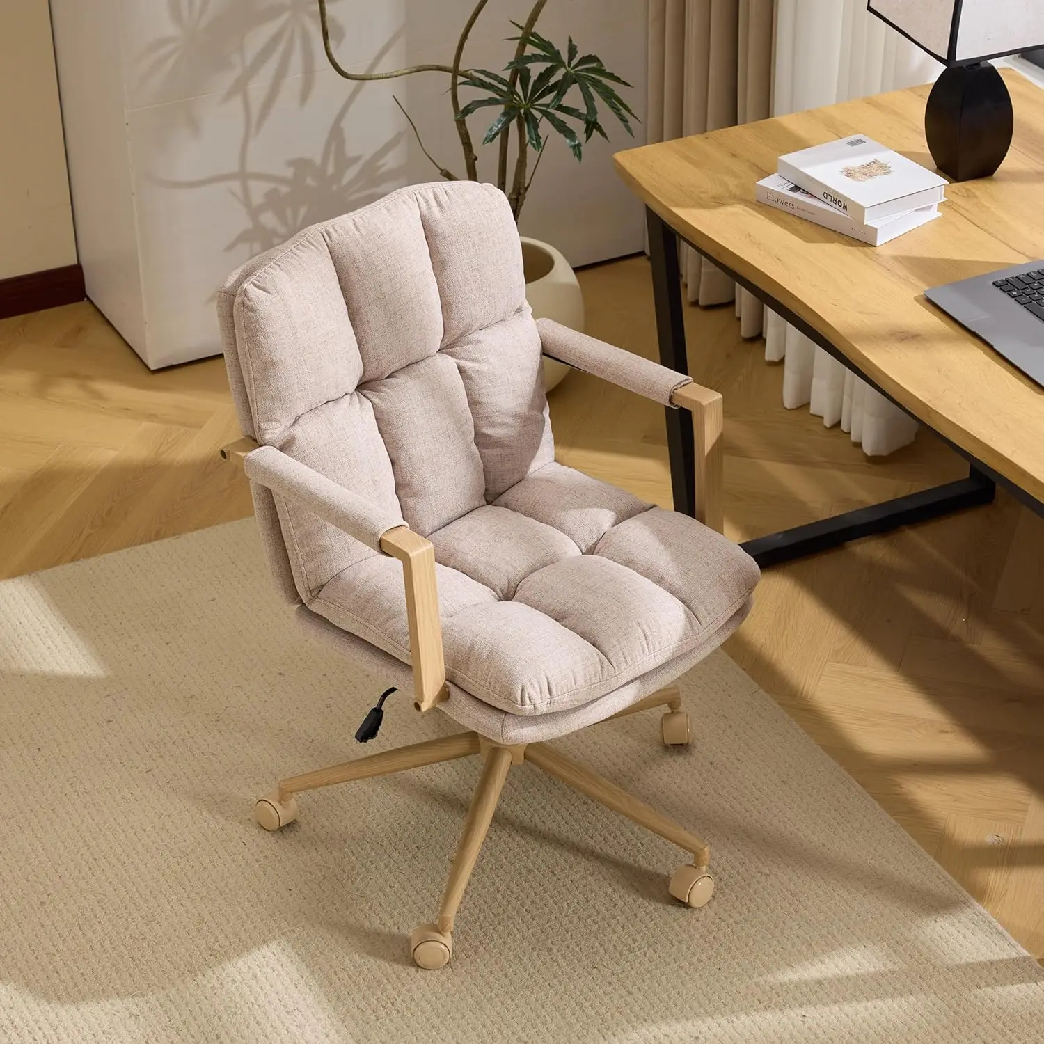 

Comfy Linen Office Desk Chair with Wheels & Detachable Cushions & Wood-Like Armrests,Swivel Small Computer Task Chair,Adjustable