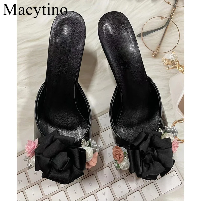 

2024 Summer Rose Flowers High Heel Patent Leather Sandals Plus Peep Spout Women Slippers Big Size