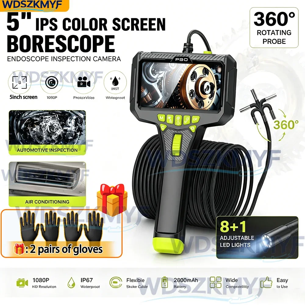 Freg gloves 360° Articulating Borescope Endoscope 6mm lens Camera with 5inch screen Waterproof 1m Endoscope with led light