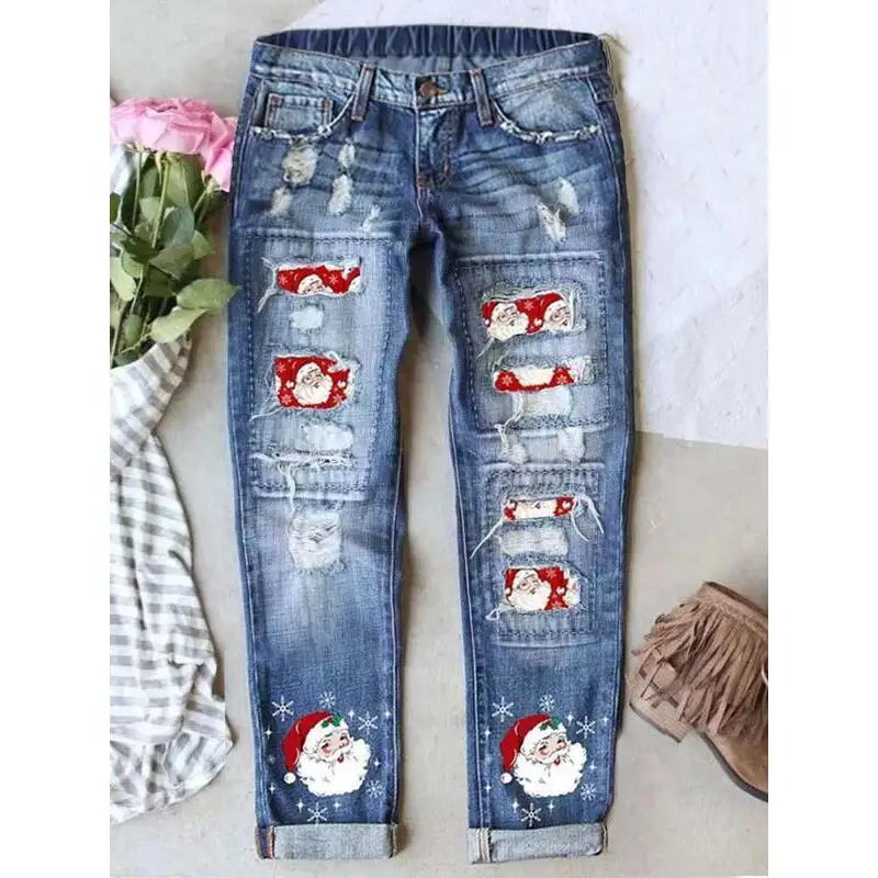 Women's Christmas Print Denim Jeans Casual Fitted Style Lolita Wind Ladies Jeans Casual Comfortable Fit Christmas Theme