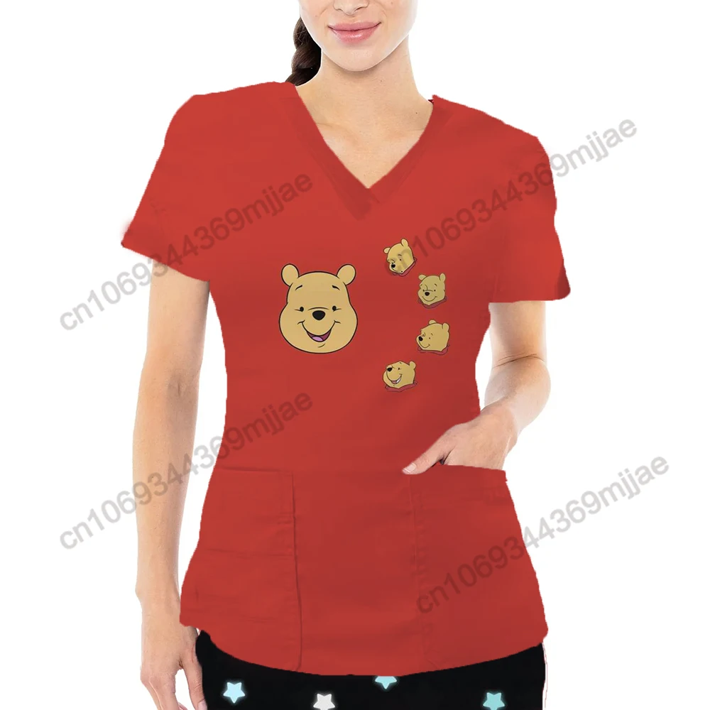 2024 New Summer V-neck large pocket design Y2k style comfortable and casual women's T-shirt Pretty Disney pattern nurse uniform