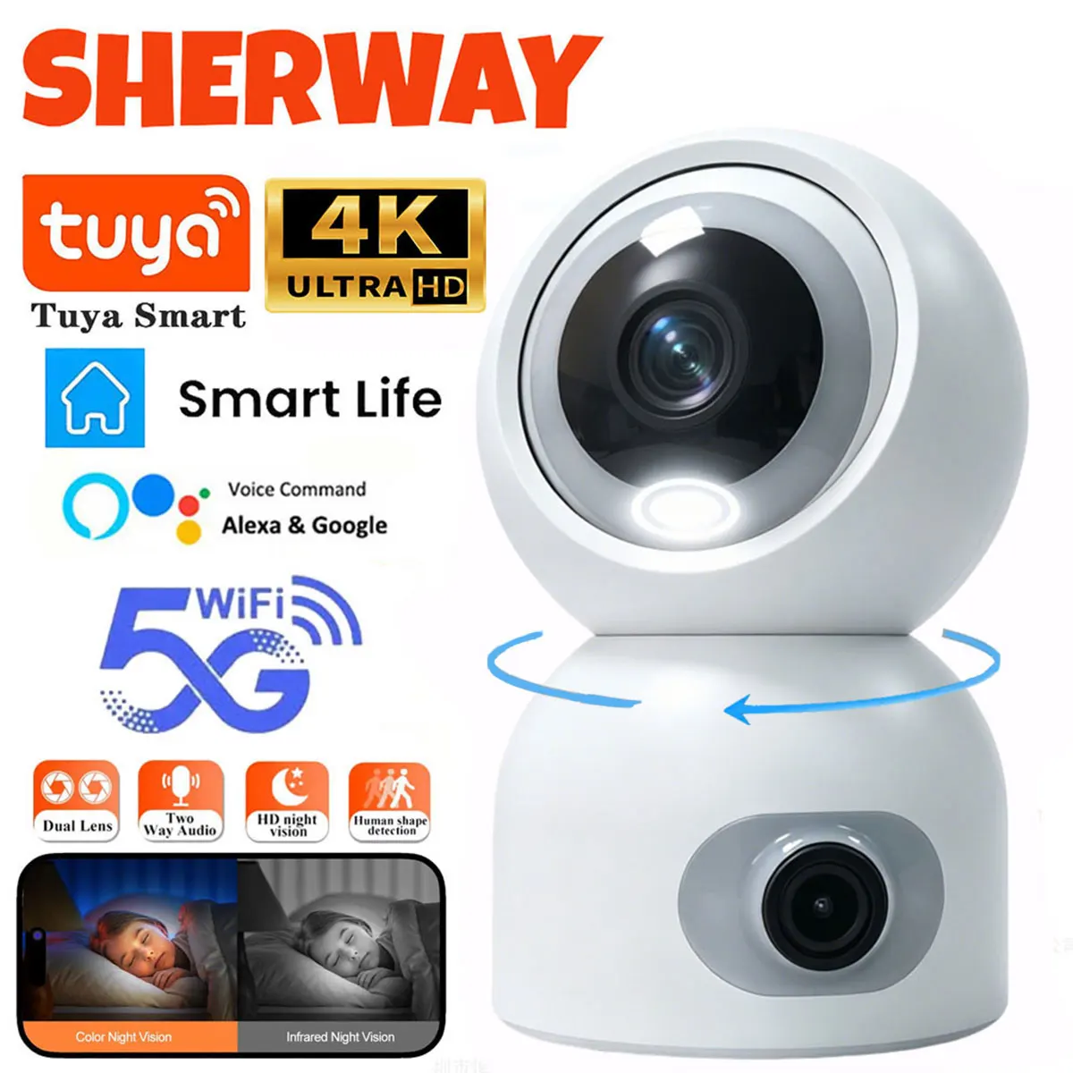 Tuya 4K 8MP Dual Lens 5G WiFi Camera Indoor PTZ IP CCTV ONVIF Security Camera AI Human Tracking Auto Surveillance Baby Monitor