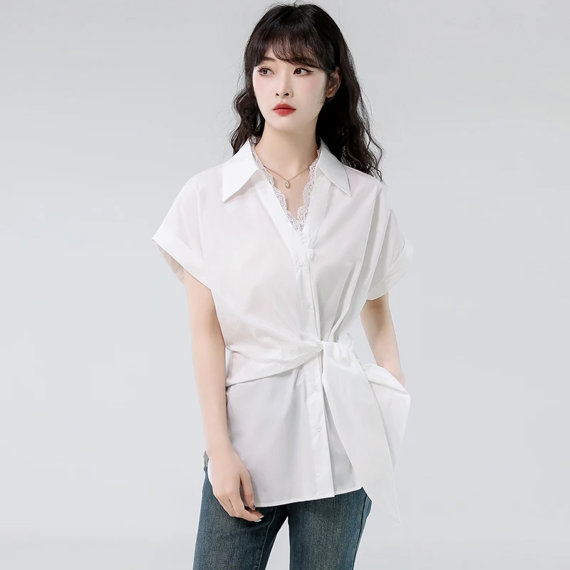 

Women Blouse Shirt 2025 Summer New Shirt Elegant Lace Stitching White Shirts Casual Female Streetwear Tops