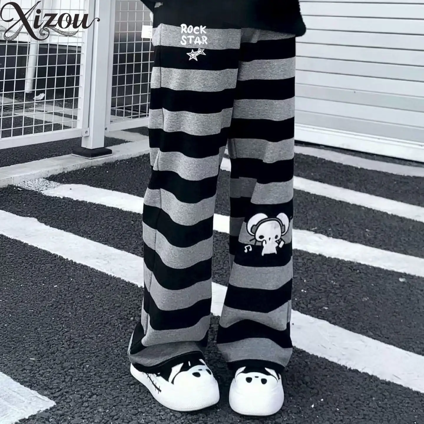 Women Striped Cat Ear Print Wide Leg Pant Cartoon Girl Loose Fit Streetwear Kawaii Harajuku Spring Autumn Casual Trouser 2026