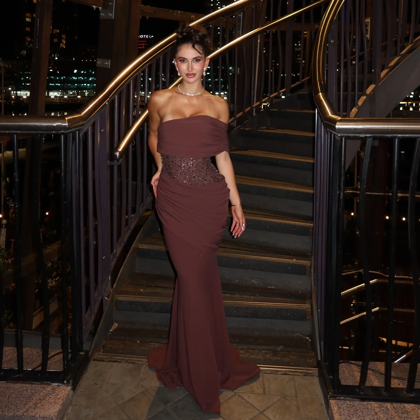 올리게이 여성용 이브닝 드레스 럭셔리 2025 맥시 빈티지 원숄더 벨벳 드레스 신상 브라운 드레이프드 세레모니 파티 드레스