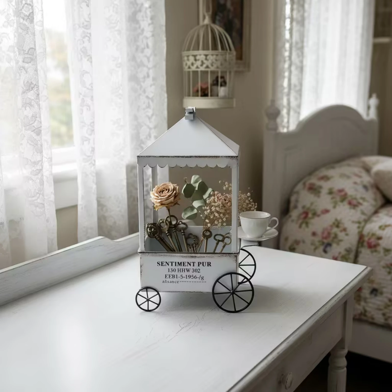 Distressed Finish Cache-pot Chariot Pitched Canopy Roof Wheel Planter for Decorative Garden or Home Use