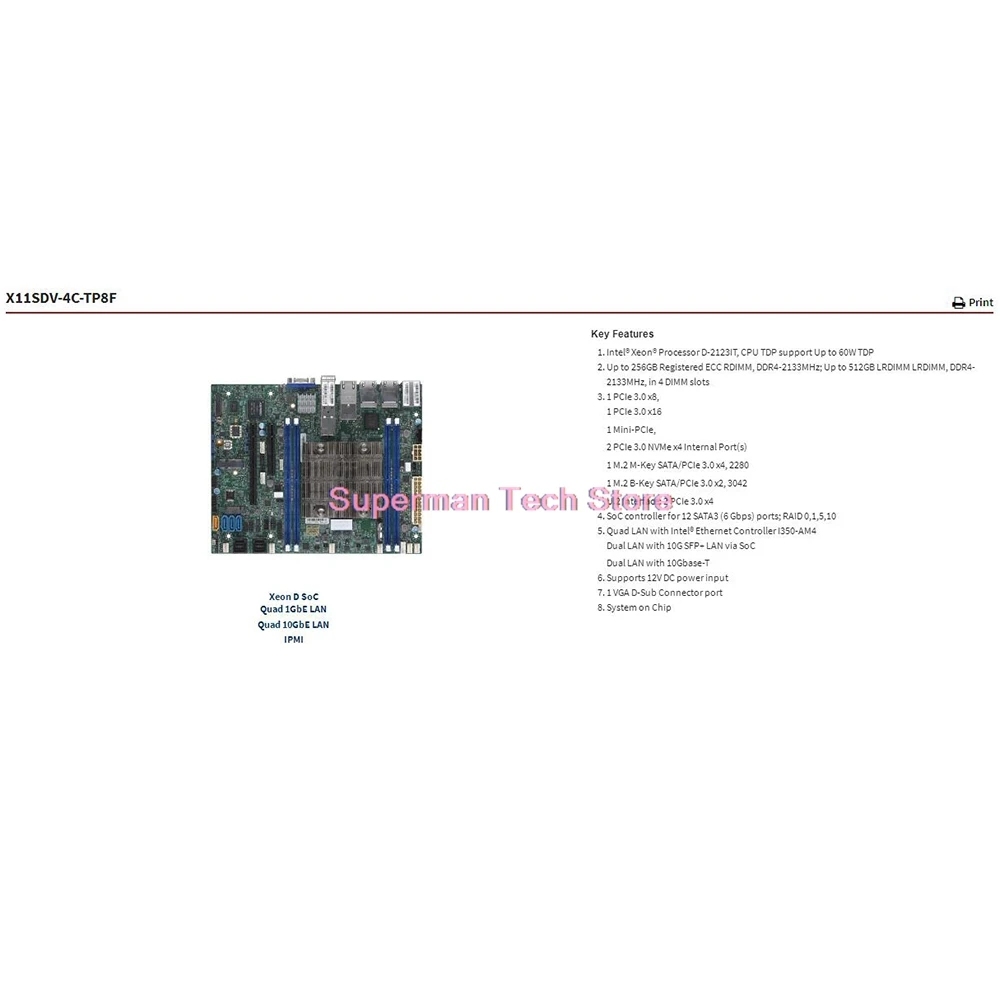 X11SDV-4C-TP8F Motherboard Xeon Processor D-2123IT, CPU TDP Support Up to 60W TDP For Supermicro 