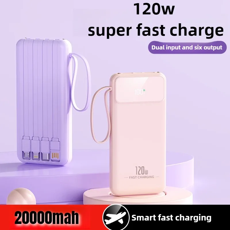 

20000mAh Power Bank 120W Large Capacity Mobile Power Fast Charging Battery With Dual USB 4 Cables For IPhone Samsung