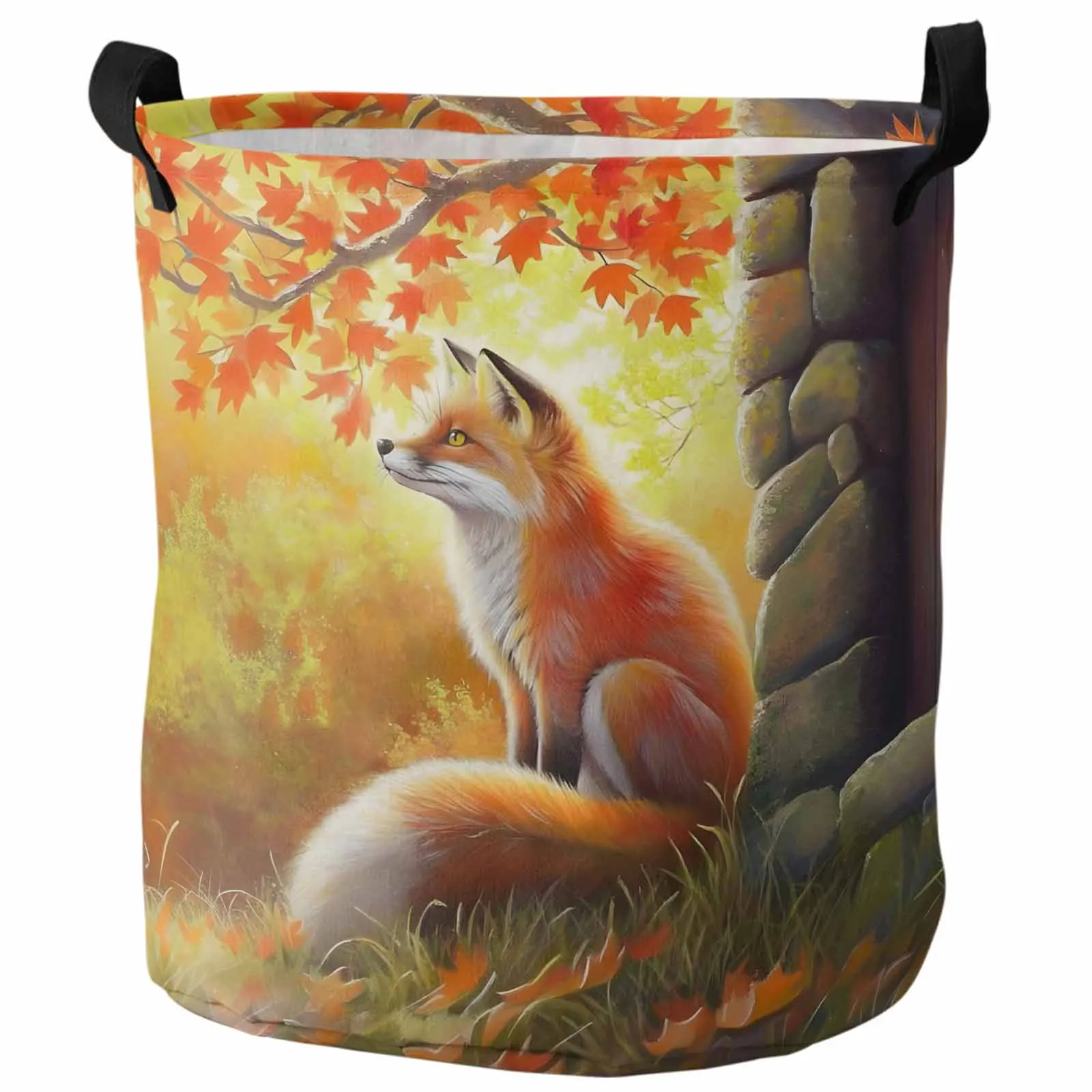 Autumn Maple Leaf Fox Stone House Dirty Laundry Basket Foldable Waterproof Home Organizer Clothing Children Toy Storage Basket