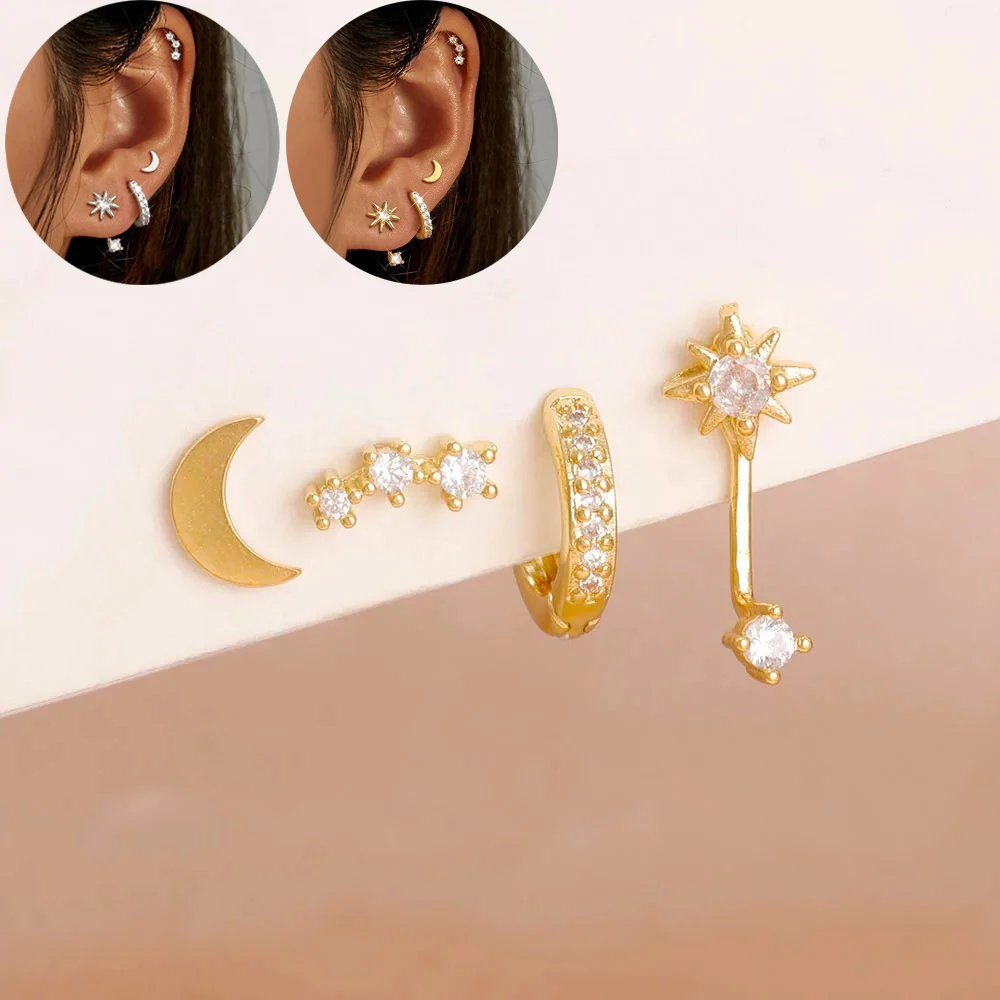 4pcs Trendy 14K Gold Color Crystal Stainless Steel Hoop Earrings Set for Women Simple Geometric Round Pendant Earring Jewelry
