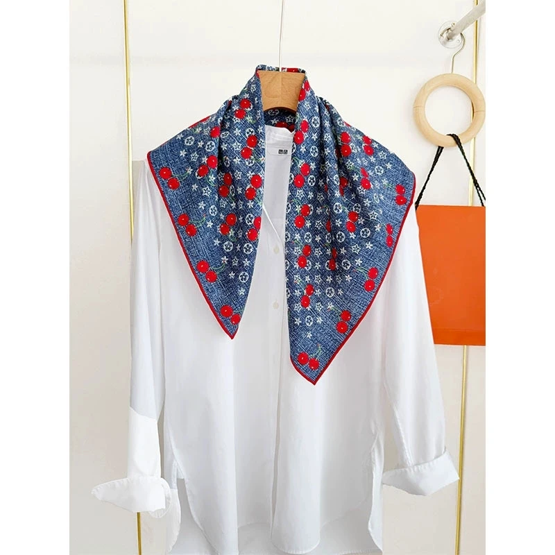 

Murakami Takashi Ouyang Nana Same Style Square Scarf Cherry Double sided Printed Large Scarf Mulberry Silk Wool Scarf Shawl