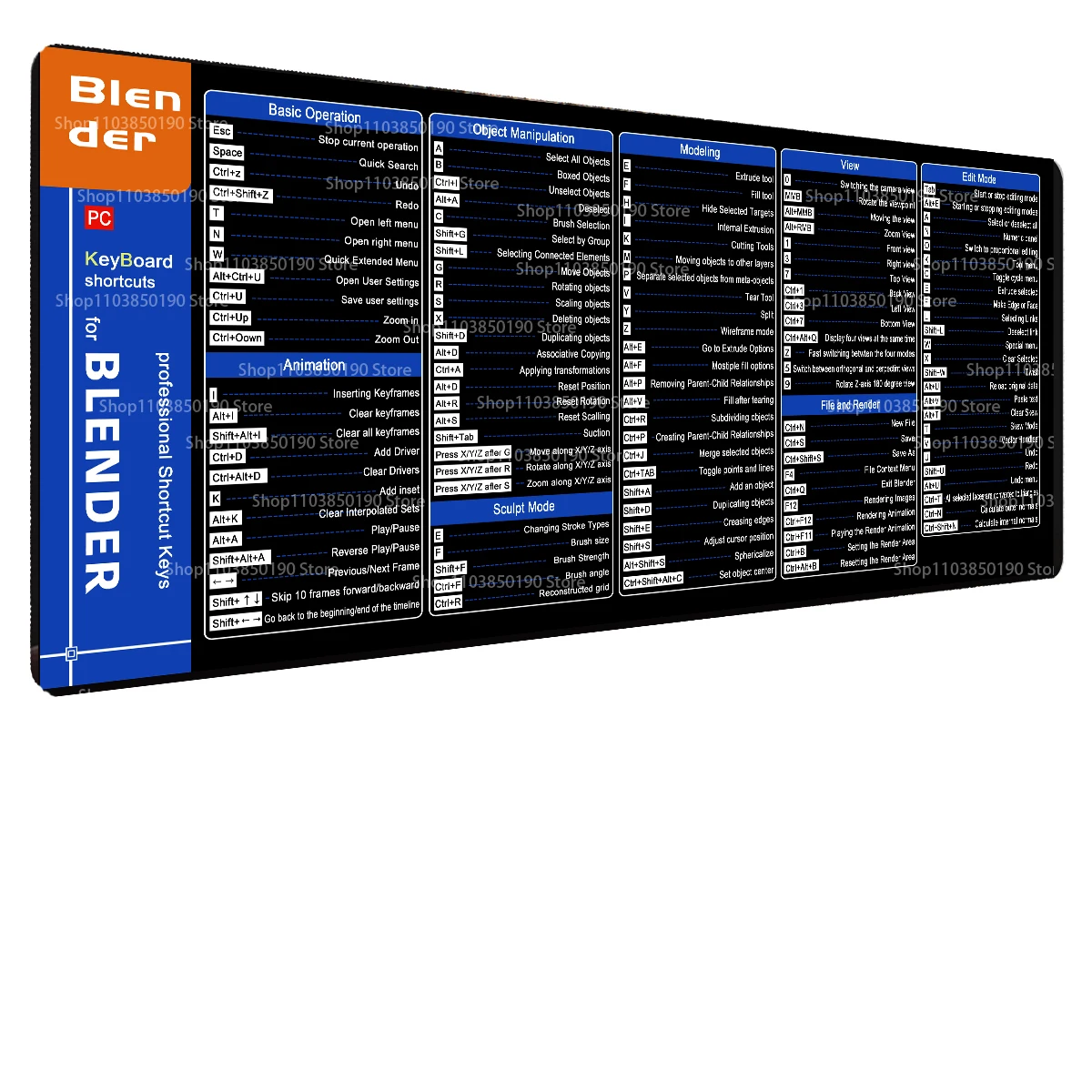 Shortcuts Mouse Pad For Blender 3D Modeling Large Cheat Sheet Keyboard Y2K Mousepad Desk Mat Non-Slip Rubber Base Stitched Edge