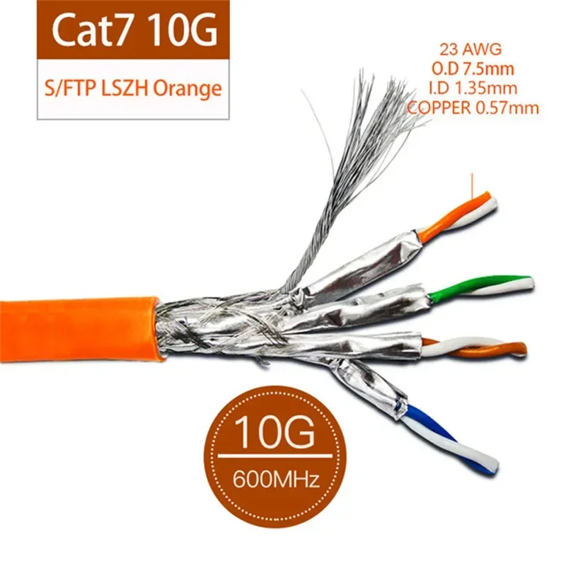 RJ45 Ethernet Cables Cat 7 Networking Wire Double Shield LSZH 10G 600MHz Orange Cat7 SFTP Installation Cord 23AWG Internet Cable