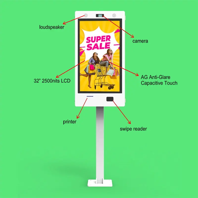 32 Inch High Brightness Waterproof Outdoor Vertical Capacitive Touch Self-Service Ordering Machine with Printer Retail