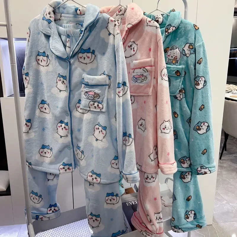 New Chikawa Flannel Thickened Winter Usagi Long Sleeved Pajama Pants Set for Women Plus Velvet Cute Blue Hachiware Home Clothes