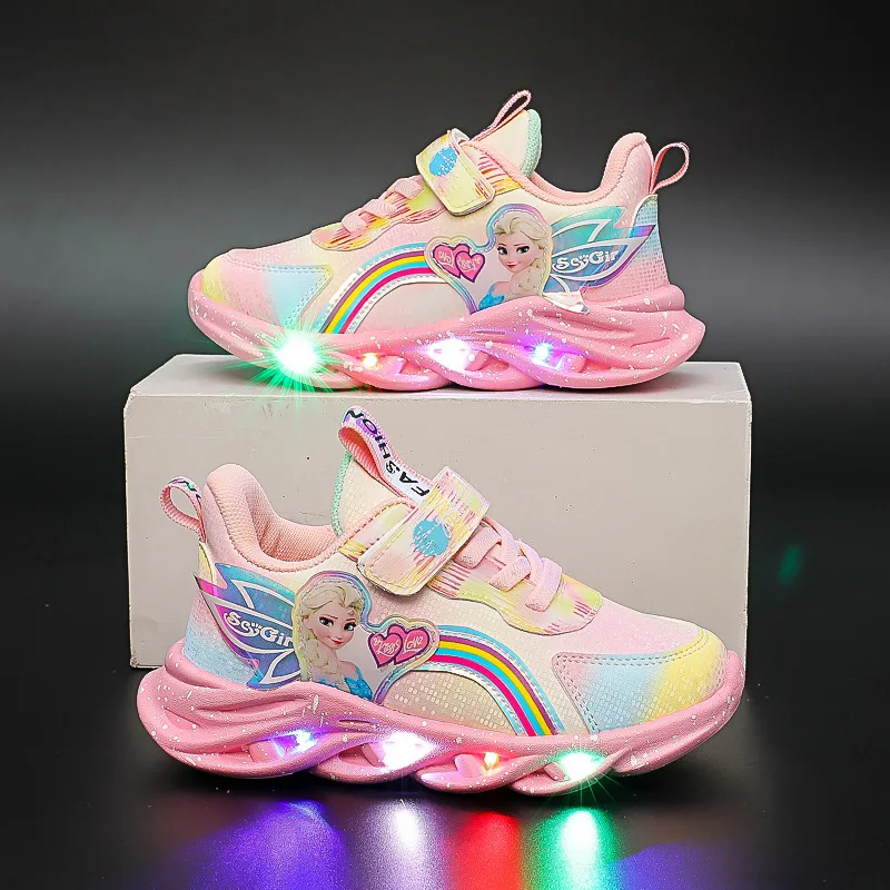 Cartoon Girls Frozen 2 Casual Shoes LED Light Up Sneakers Disney Elsa Princess Baby Running Sports Shoes