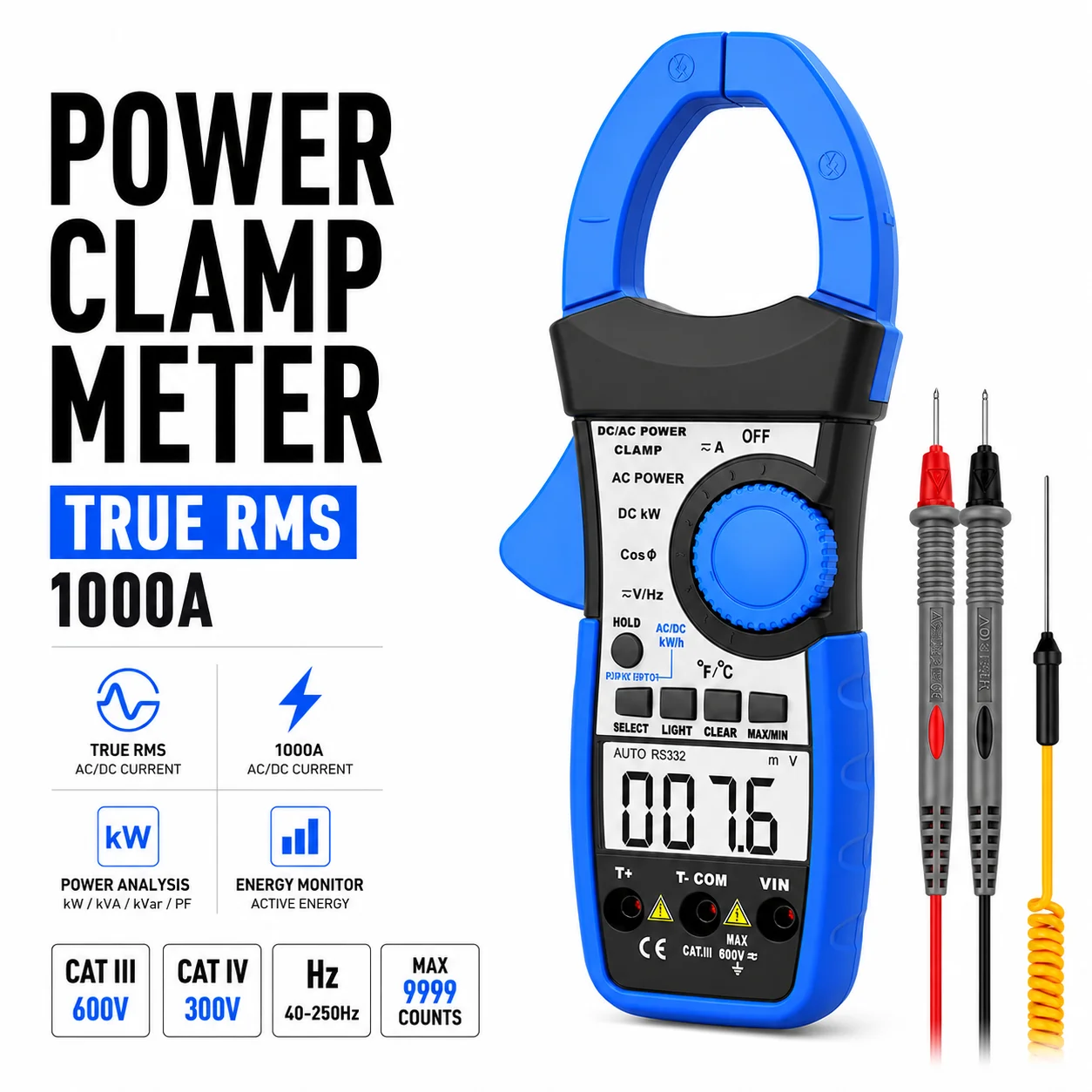 Pinza Amperimétrica True RMS 1000A AC/DC, Multímetro, Analizador de Energía, Medidor de Voltaje, Corriente, kWh, Factor de Potencia, Frecuencia, Temperatura, Herramienta Eléctrica 600V