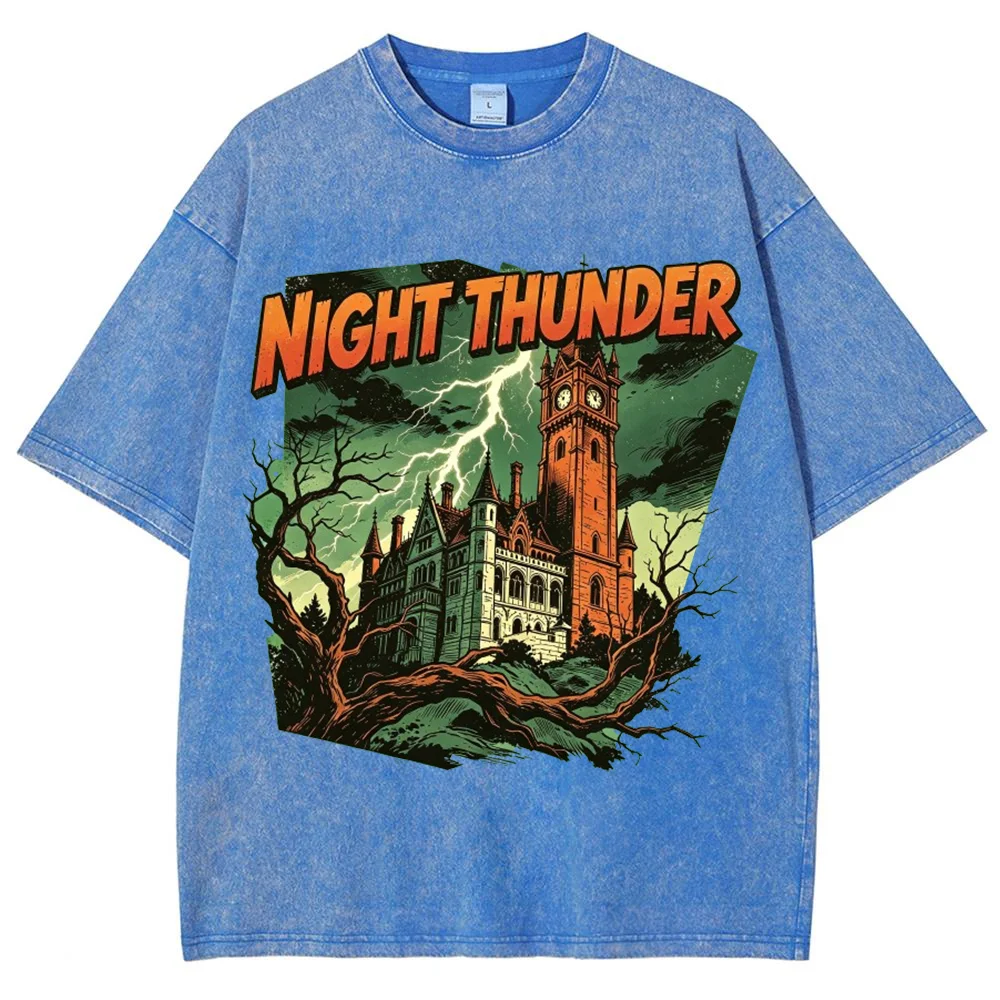 Men Women Vintage Gothic Graphic T Shirt Night Thunder Haunted Castle Lightning Storm Print Casual Short Sleeve Top ﻿