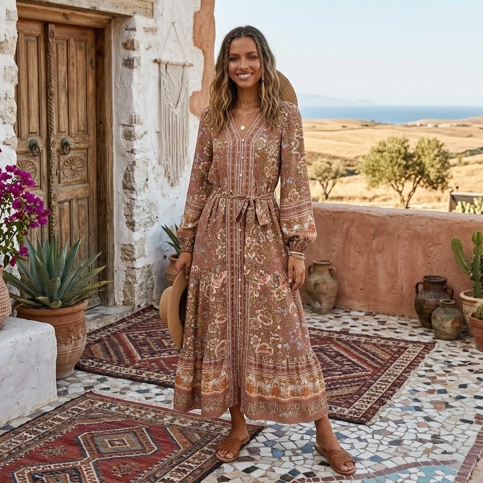 Boho Queens Women Elegant Fashion Ethnic Floral Print V-neck Breasted Bohemian Maxi Dress Lady Holiday Beach Boho Dress Robe