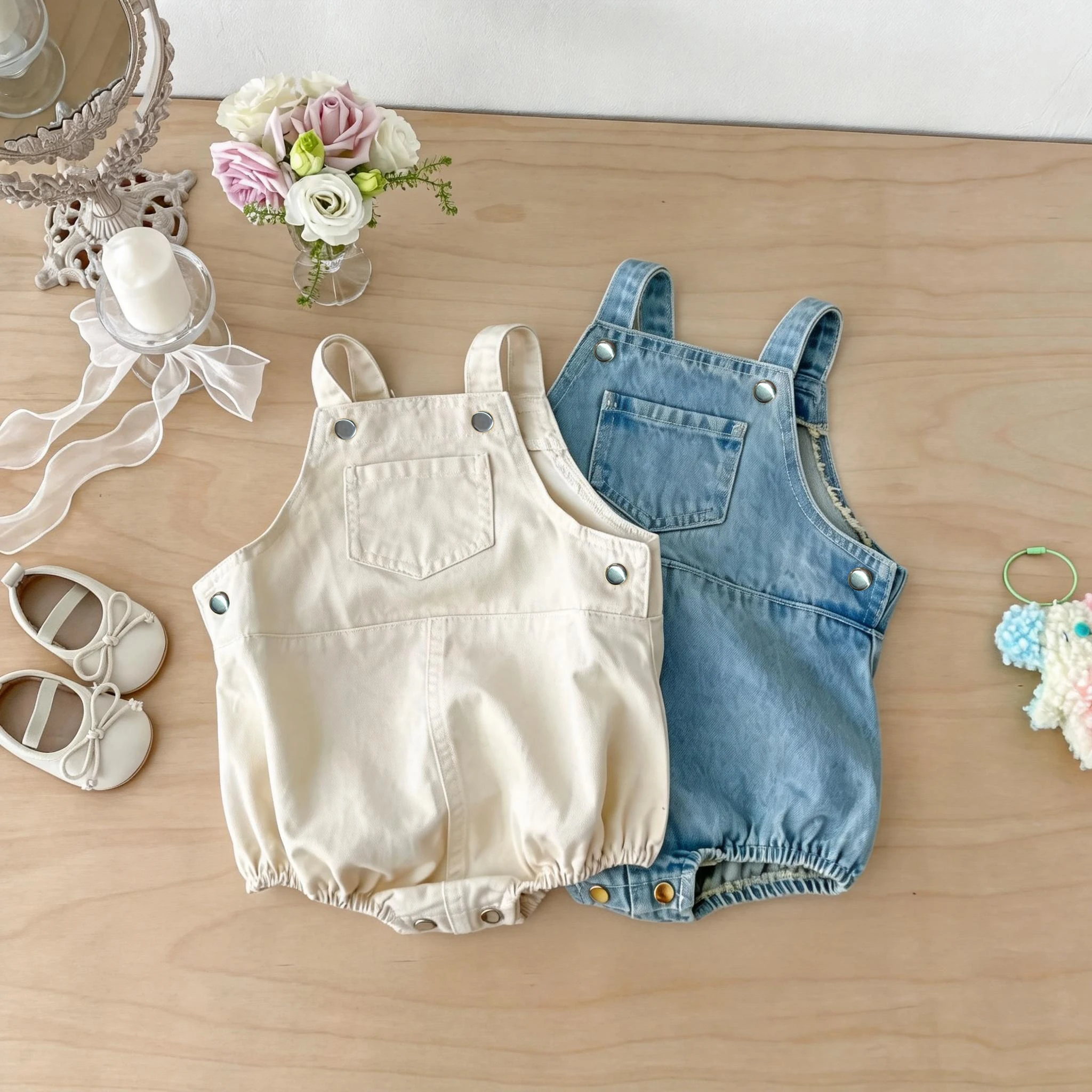 Spring and Summer Korean Style baby Cute Pocket Denim Overalls for Boys and Girls, Fashionable Triangle Nappy Cover